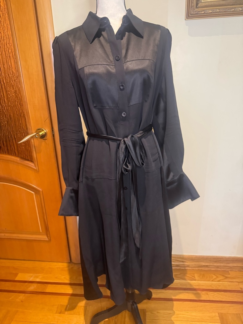 Escada Black Satin-Trim Long Sleeve Shirt Dress Midi dress Sz  XXL